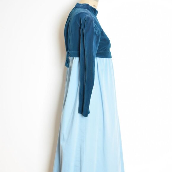vintage 60s dress blue satin velvet Juliet babydoll empire regency puff maxi XS - Picture 5 of 8